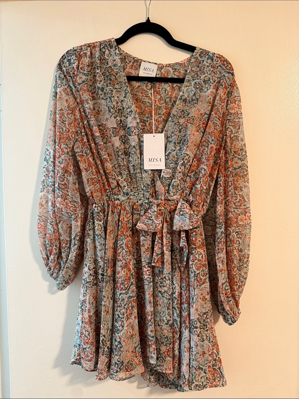 Misa Los Angeles Coral and Sage Paisley Tie-Waist Long Sleeve Dress